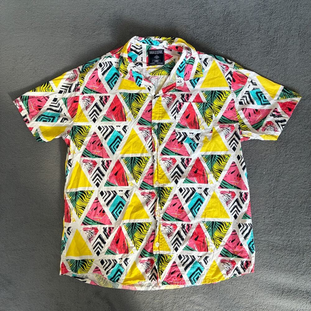 Massive Multicolor Tropical Watermelon Button Down Short Sleeve Shirt Men's Sz L